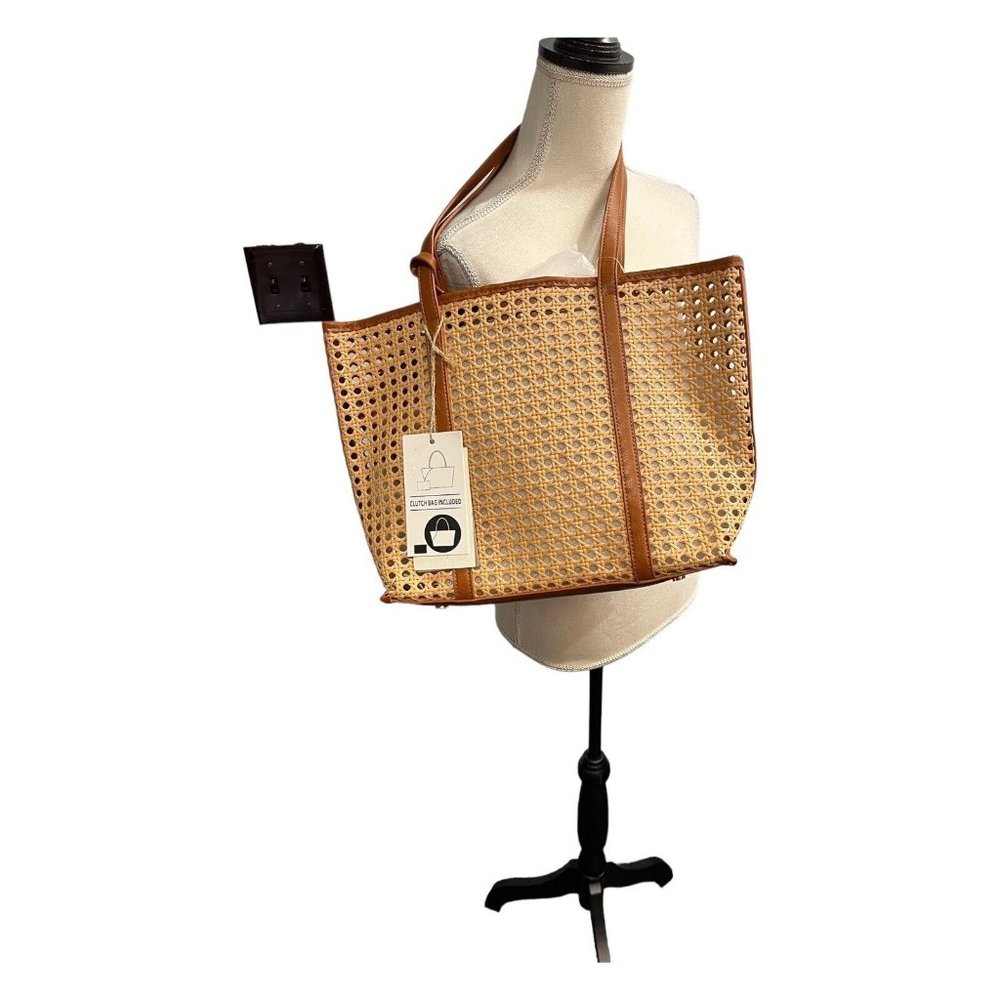 Antk Kraft Rattan Tote Bag With Pouch Cane Weave Vegan Leather Shoulder Bag
